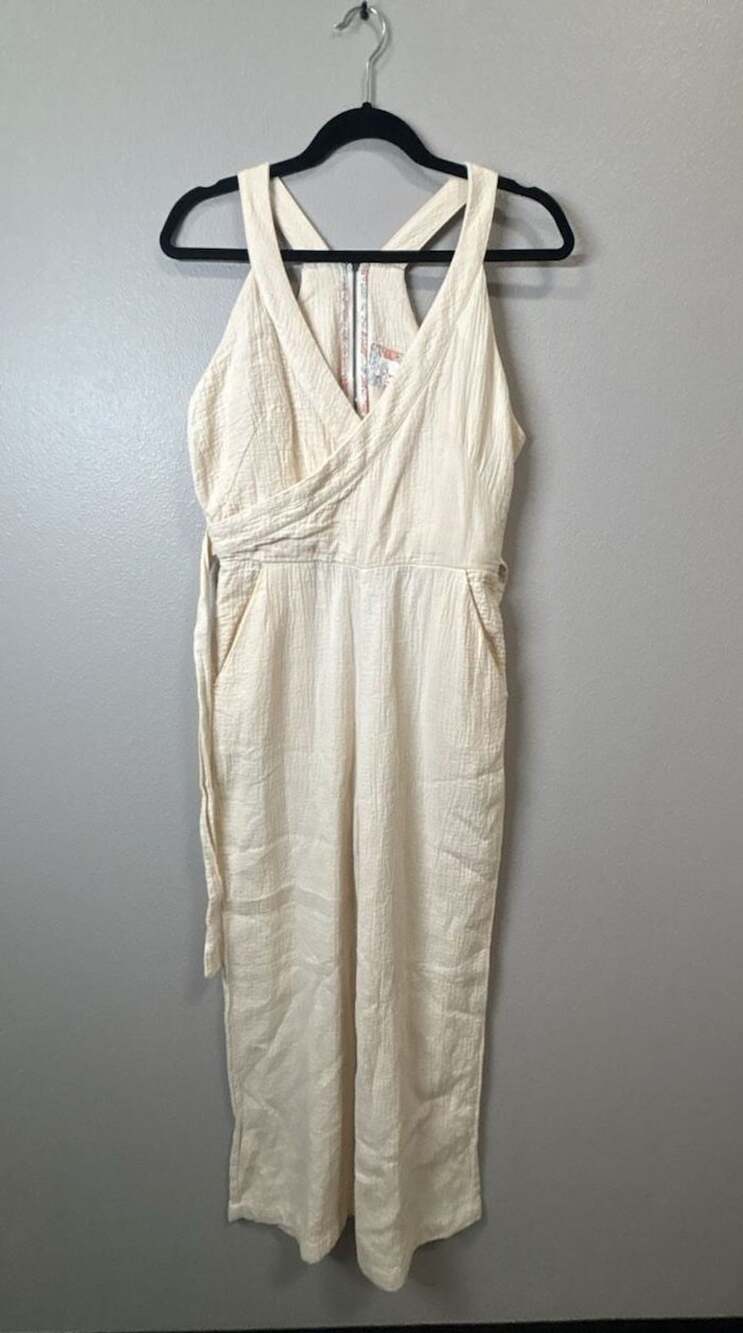Anthropologie Demi Textured Jumpsuit Cream White Sleeveless